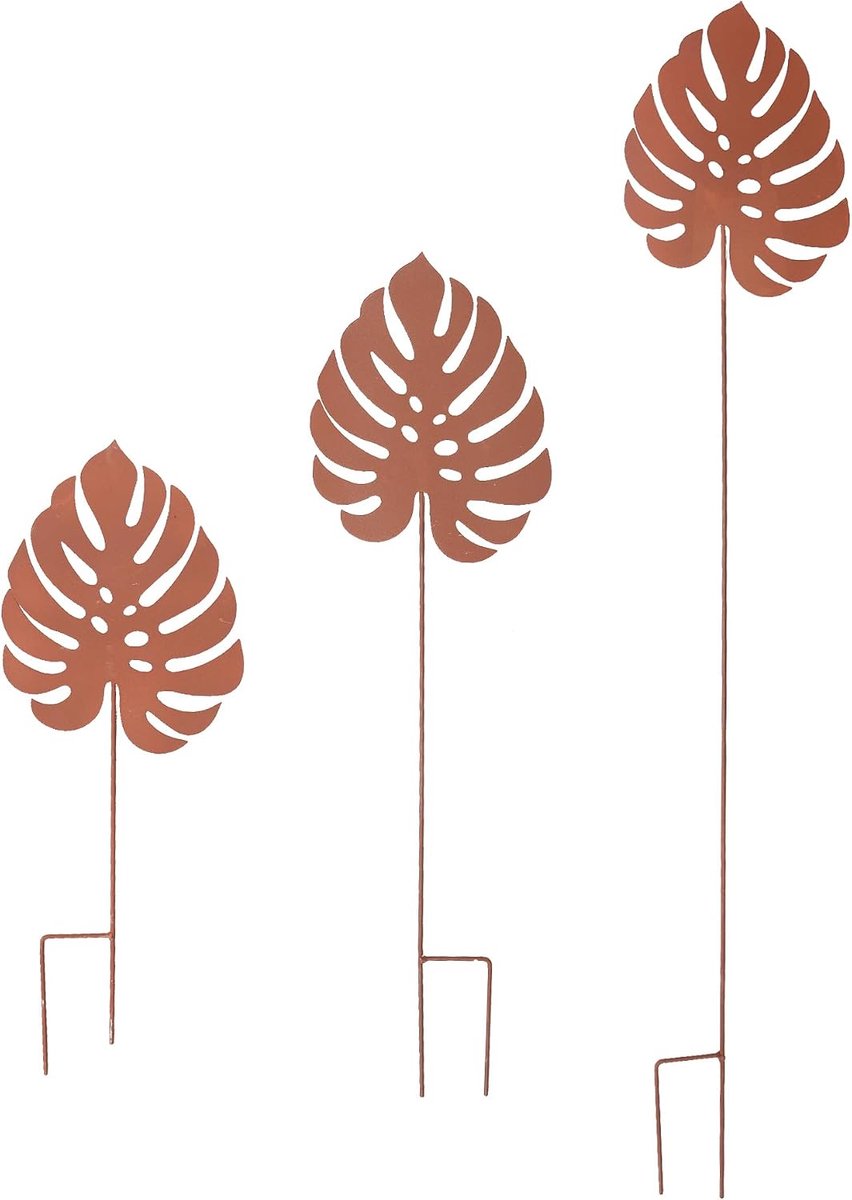 Tuinstekers Monstera - Set van 3 - Metalen rustlook - Decoratieve bladeren voor stijlvolle tuin - ShopVlot