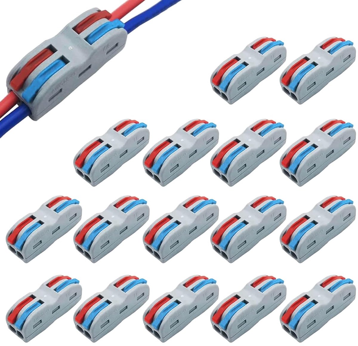 Kabelconnectoren pack van 16 - 2-polig met hefmechanisme - universeel voor harde/zachte draden - eenvoudig aansluiten - ShopVlot