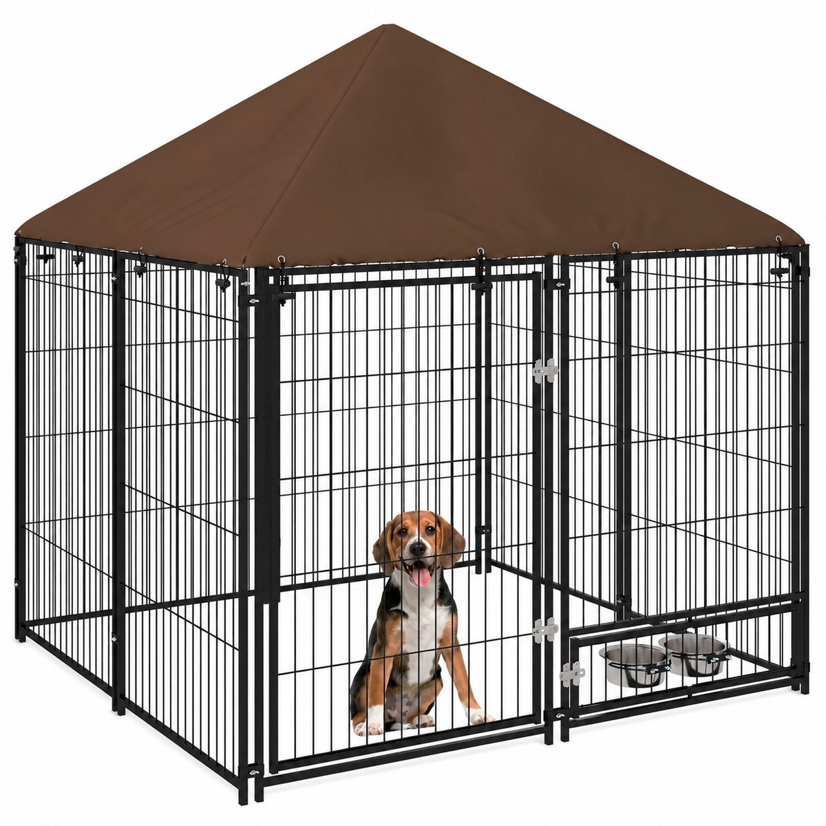 Sello! hondenbench – hondenkooi – buitenkennel – rottende voerbakken – 8 metalen panelen – luifel – L141 x B141 x H151cm – zwart