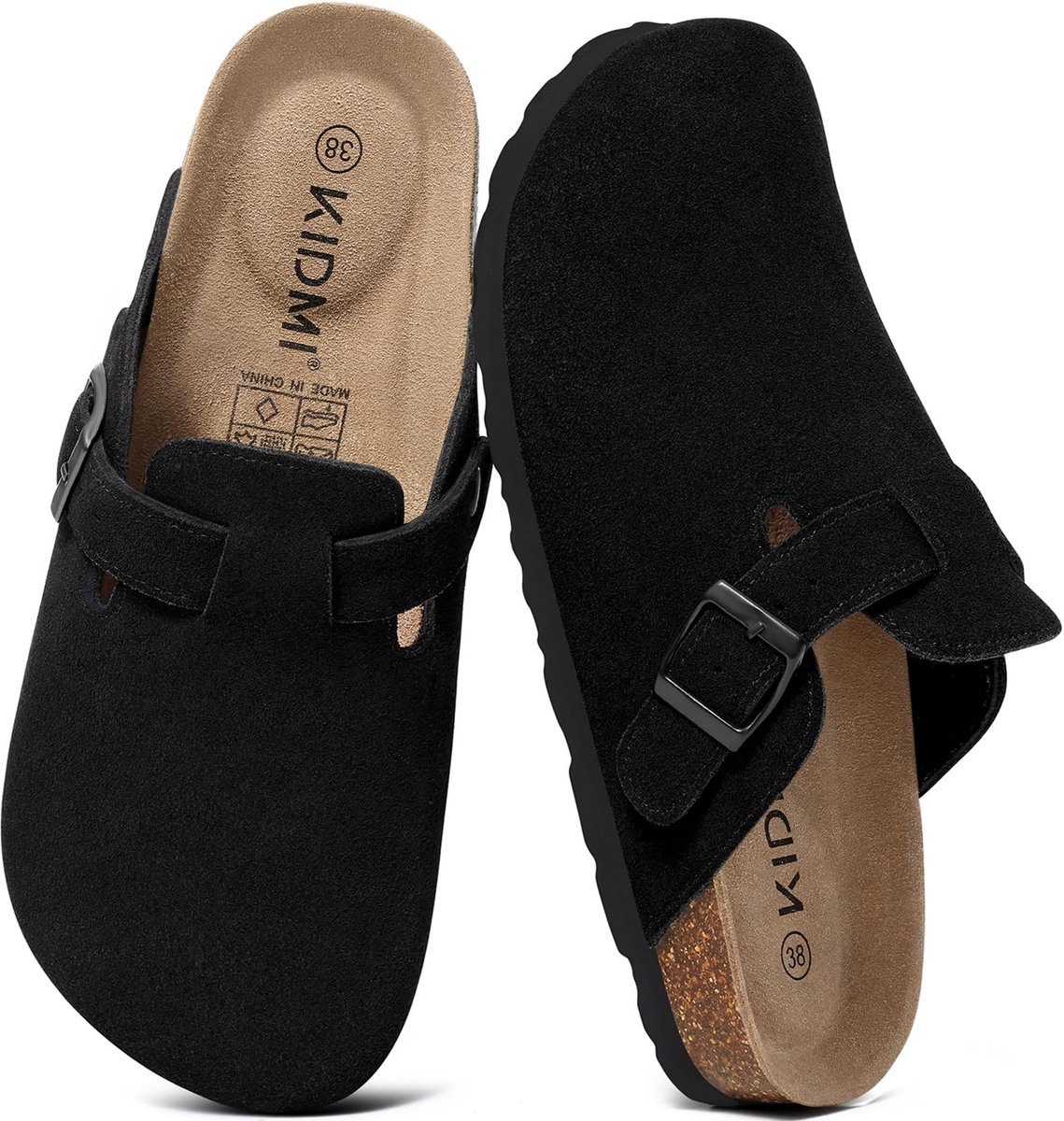 Unisex clogs – Koe suède – Comfort slippers – Houten clogs – Zwart - 45- Geschikt voor een voetlengte van 28,6 cm