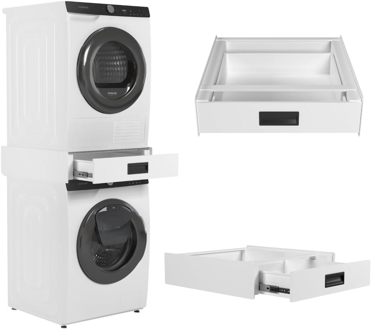 Wasmachine Droger Spacer met Uittrekbare Lade - Universeel Tussenframe - Wit - Ruimtebesparend en Veilig Stapelen - ShopVlot