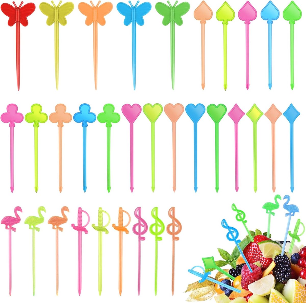 Fruit vorkjes 300 stuks - herbruikbaar - verschillende kleuren en vormen - ideaal voor kinderen - ShopVlot