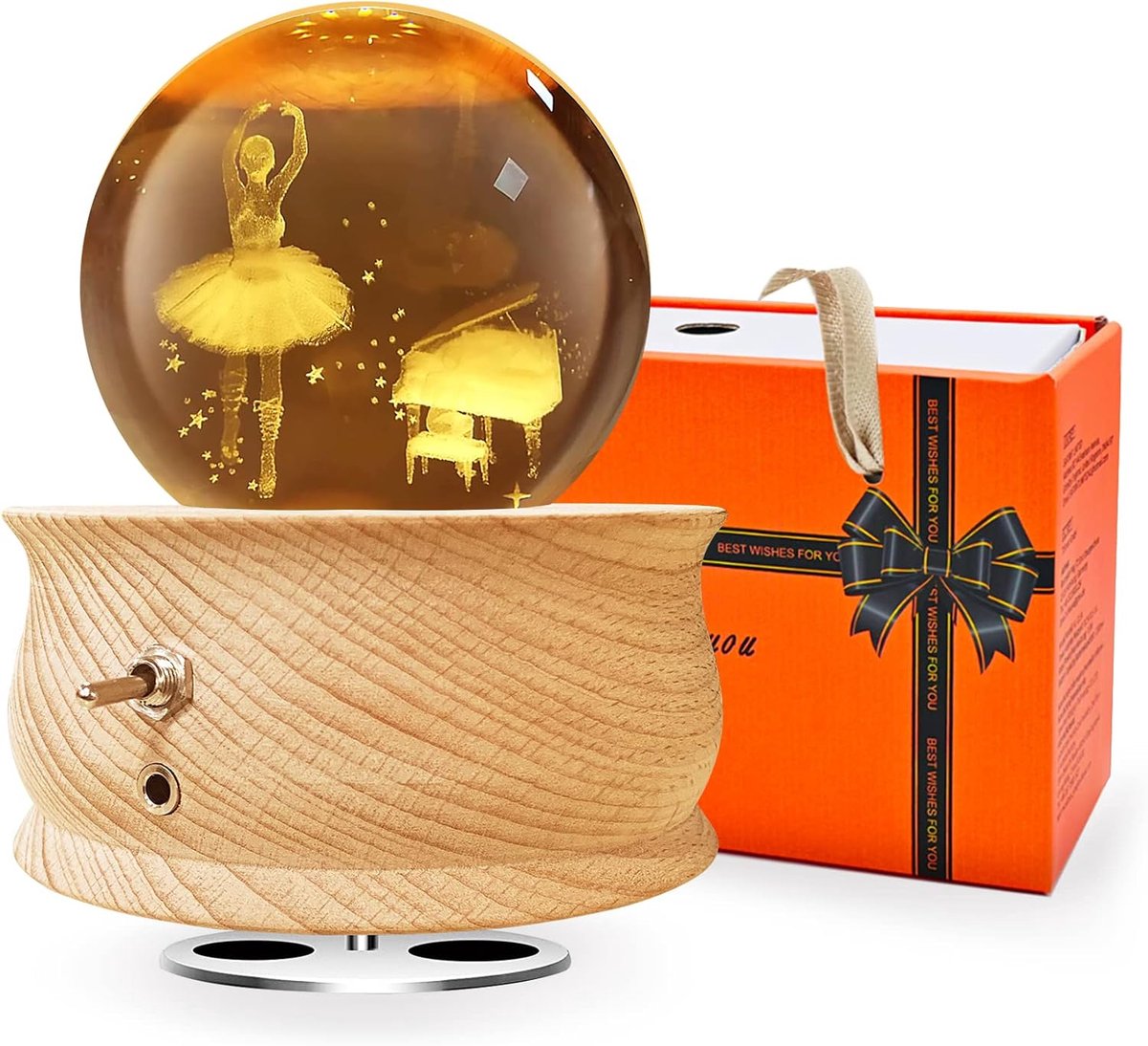 Muziekdoos met K9 Kristallen Bol - Houten muziekdoos met 360 graden projectie - Soothing muziek - ShopVlot