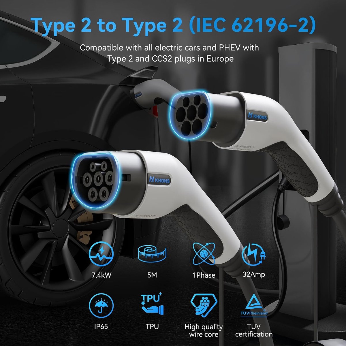 Type 2 elektrische autolader 32A - 7.4KW - drie fasen - snel opladen voor alle elektrische voertuigen - ShopVlot