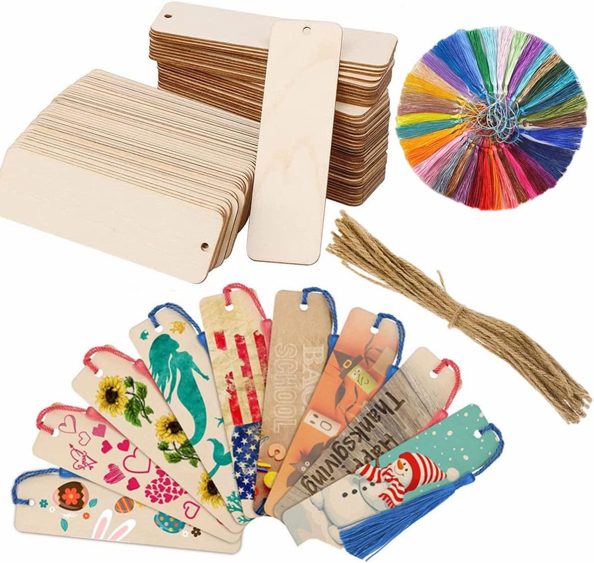 Houten boekenleggers set van 60 stuks - 20 lege boekenleggers - 20 kleurrijke franjes - perfect voor DIY projecten - ShopVlot
