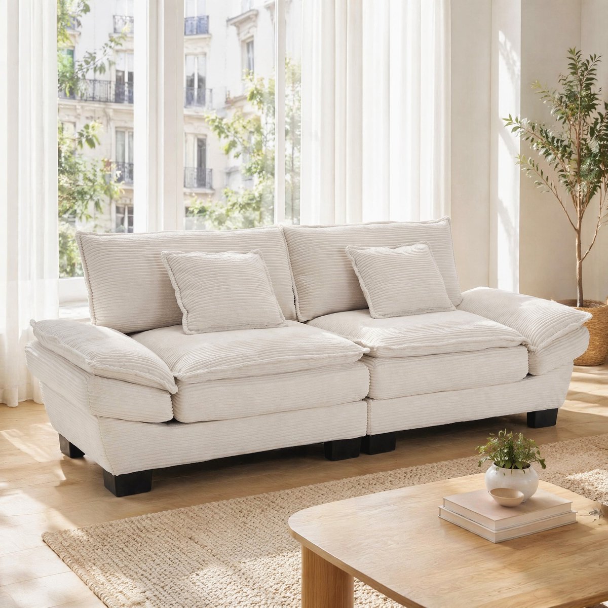 MEUNIQ 2-zitsbank 224 x 81 x 81 cm in beige, met 2 kussens, fluwelen bekleding, houten frame, zwarte poten en brede armleuningen voor woonkamer, slaapkamer of thuiskantoor