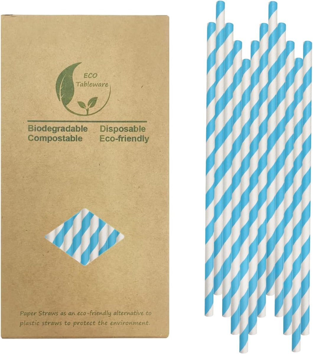 Papieren rietjes 100 stuks - blauw gestreept - biologisch afbreekbaar - perfect voor feesten - ShopVlot