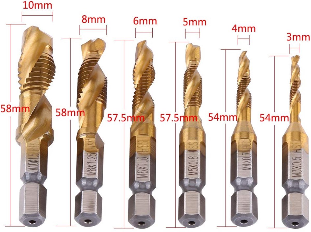 Tapboorbits 6-delig M3-M10 - HSS met titanium coating - 1/4" hex shank - ideaal voor draad tappen - ShopVlot