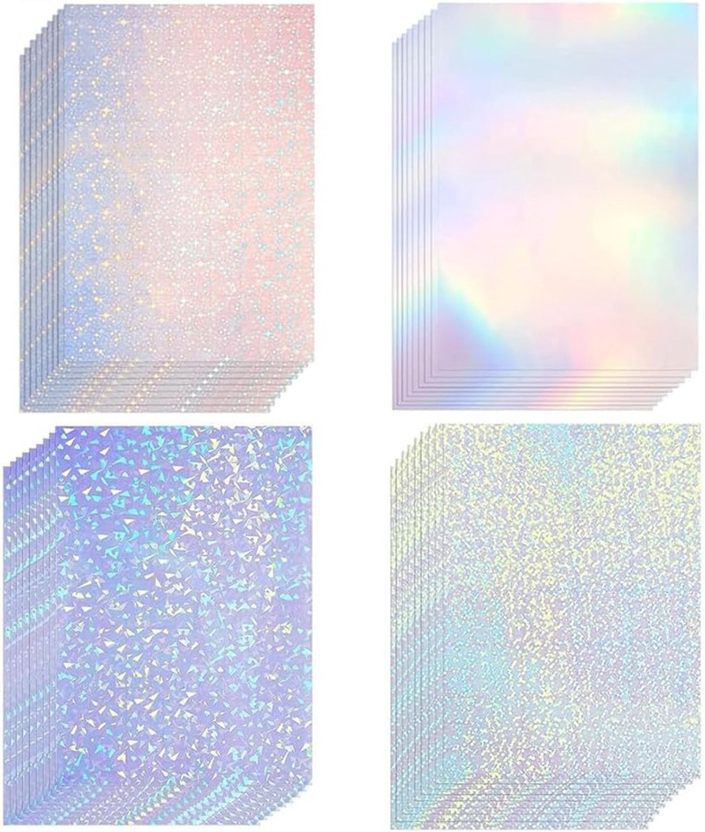 holografische stickers, 36 vellen, holografisch, helder vinyl, holografische stickers, papier, A4-formaat, stickers iriserende folie, 4 stijlen gemengd