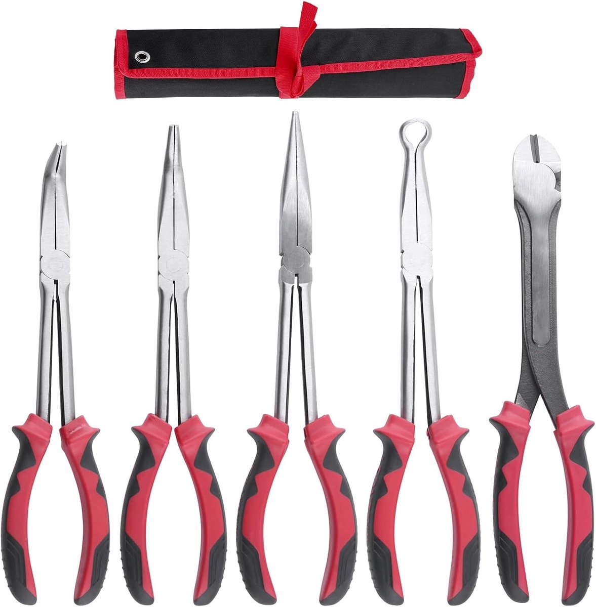 5 stuks 11 inch extra lange naald neus tang set, lange reach rechte tangen, 45° & 90° gebogen neus tang, cirkel neus tang, diagonale tang, lange reiktang set voor smalle ruimtes