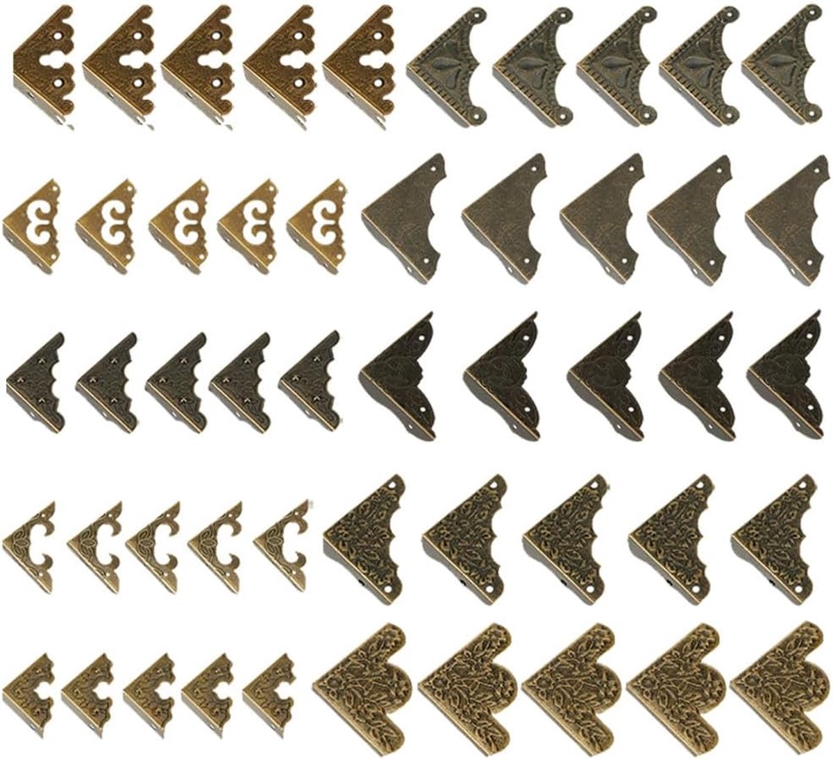 PandaHall Hoekbeschermers, 50 stuks, 10 stijlen, ijzeren meubelrand, versierde hoekbeschermers voor sieradenkist, houten behuizing, meubels, kast, decoratieve bescherming, antiek brons