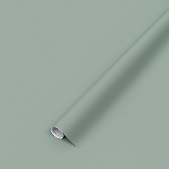 Rouleau de film adhésif vert sauge, partiellement déroulé.