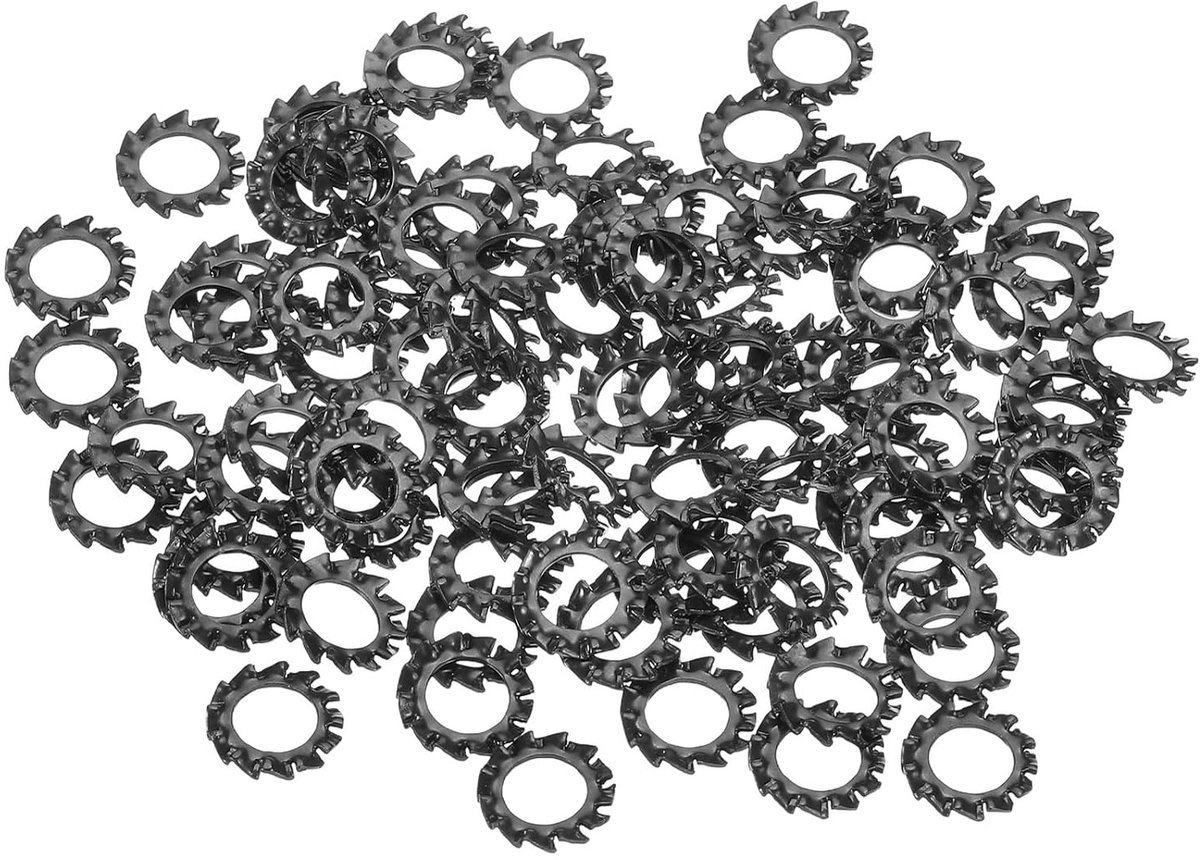 100 stuks externe tandvergrendelingsschijven, M6 getande slotschijven van koolstofstaal voor bouten en schroeven, mechanische uitrusting, zwart