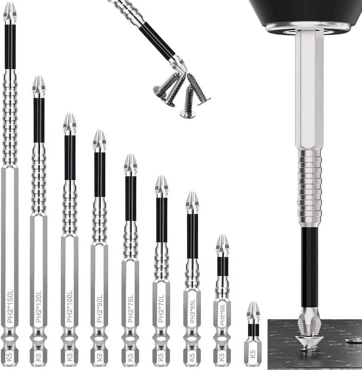 9 Stuks Hoge Magnetische Schroevendraaier Boor Set, voor Elektrische Boren | Magnetische Schroevendraaier Bitset, Zeer Magnetisch Schroevendraaier-Boorbitset (25, 50, 65, 70, 75, 90, 100, 120, 150 mm)