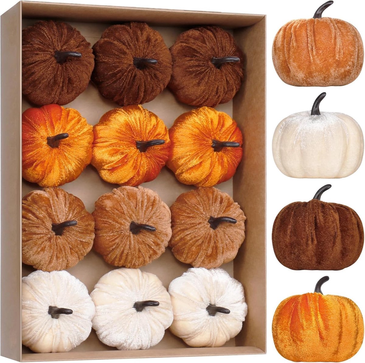 Grote Kunstpompoenen voor de Herfst, 12 Stuks 4 Kleuren | 8 cm Kunstige Fluwelen Pompoenen, Schuimpompoenen voor Landhuisdecoratie, Thanksgiving, Oogstfeest, Halloween Feestdecoratie