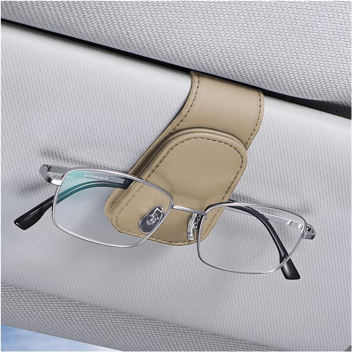 Magnetische Leren Brillenhouder Clip, Brillenhouder voor Auto Zonneklep, Leren Auto Vizier Accessoires Zonnebril Houder Magnetisch (Beige)