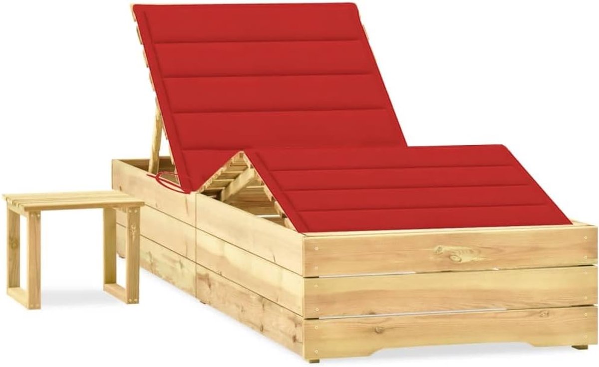 Tuinzonnebed van geïmpregneerd grenenhout met verstelbare rugleuning en voetensteun, inclusief kussen en bijzettafel voor dranken en zonnebril