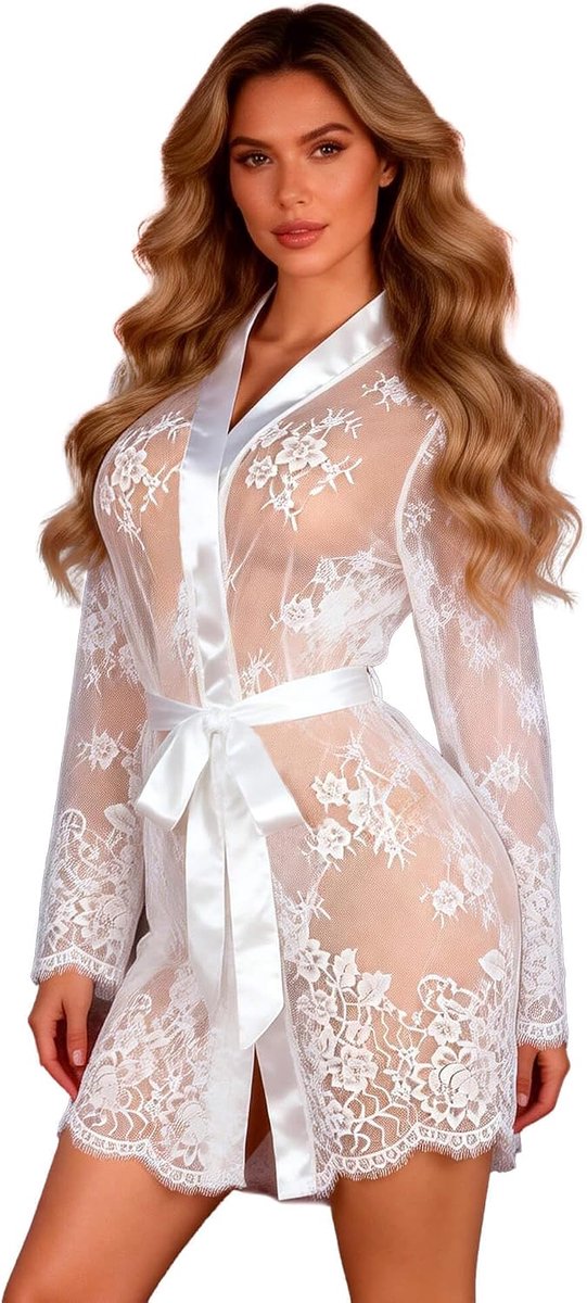 Ohyeahlady Sexy babydoll voor dames, sensueel, pervers, grote maat, erotische badjas, transparante kant, dameslingerie, ronde outfit, nachtjapon, lange mouwen, nachtjapon met G-string