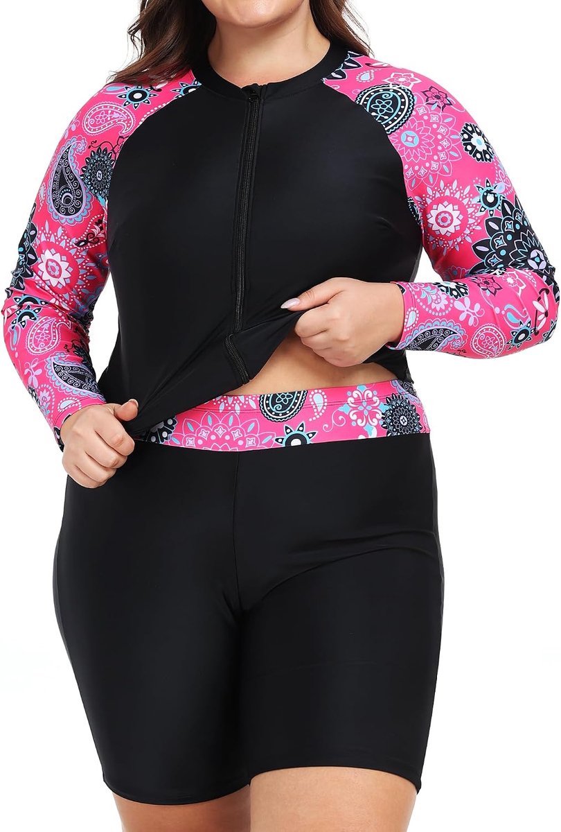 Rash Guard voor dames, 2-delig, UPF 50+ badshirt, lange mouwen, ritssluiting, rashguard shirts en boyshorts met hoge taille, sneldrogend, badkleding, zwemkleding, zwemmen, surfen