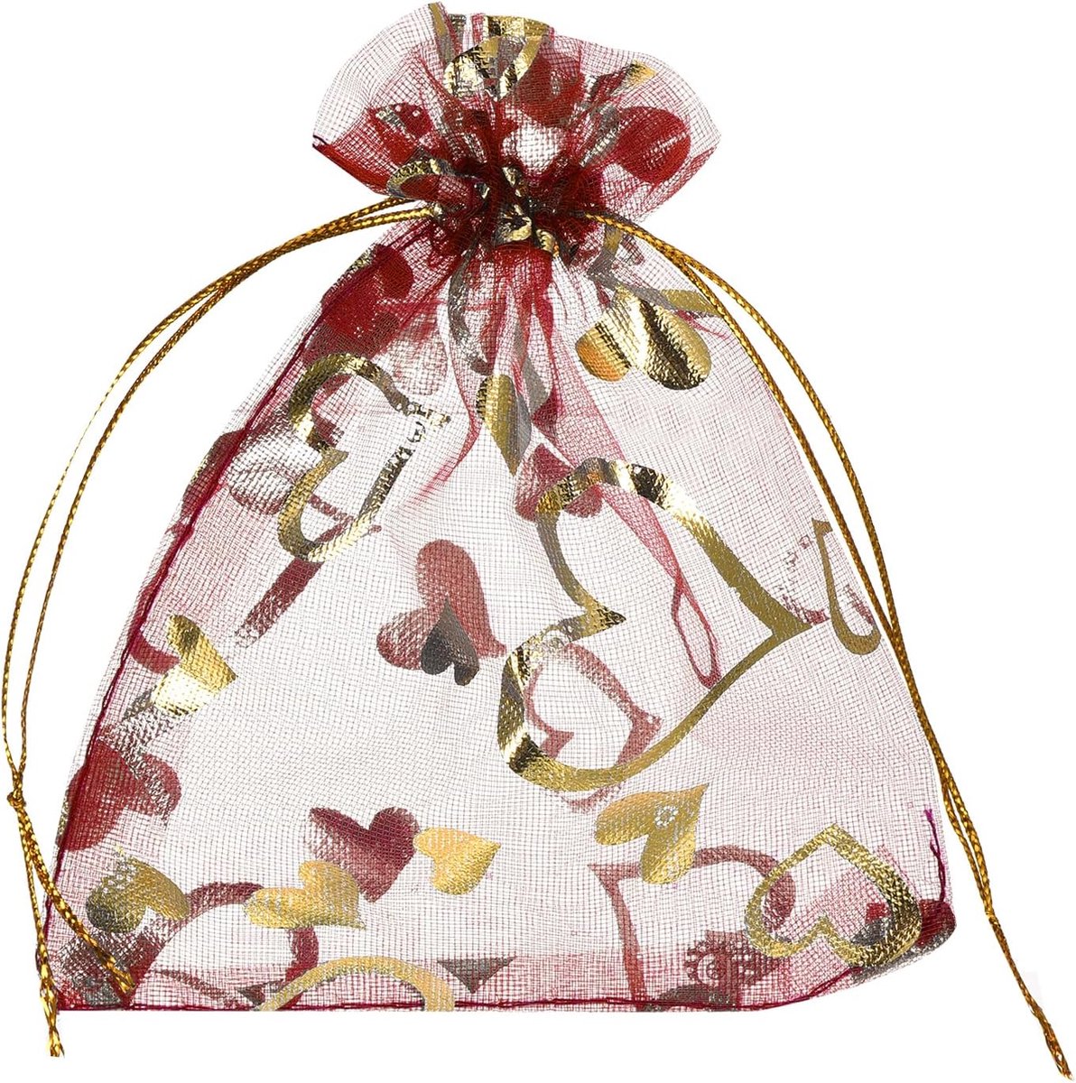 50 stuks organzazakjes, 10 x 15 cm, cadeauzakjes, sieradenzakje, hartpatroon, mesh-zakjes met trekkoord, organzazakjes voor bruiloft, feest, Kerstmis, snoep, bordeauxgoud