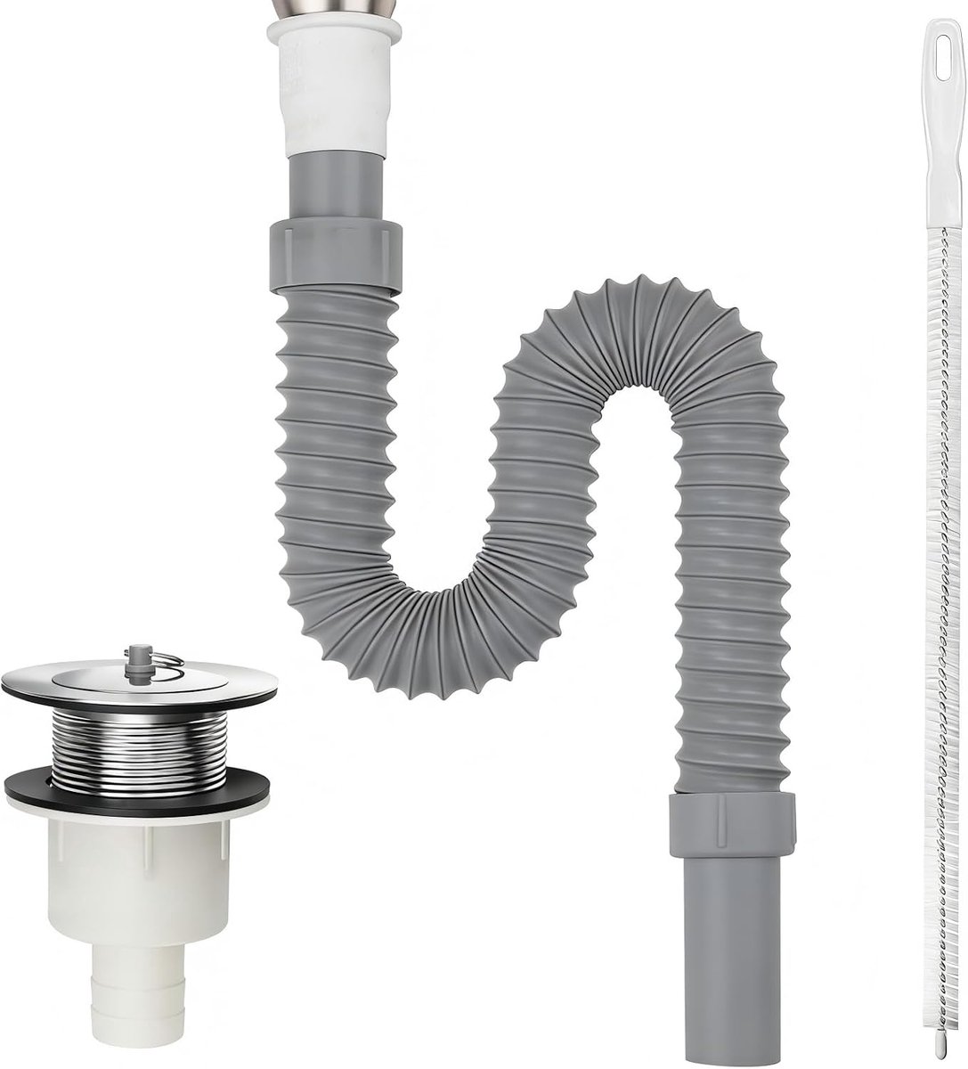75 cm afvoerpijp wastafel model 50 afvoerdelen afvoerslang | Grijze flexibele afvoerslang, uittrekbaar, met 45 cm reinigingsborstel voor huishouden, badkamer, keuken, balkon