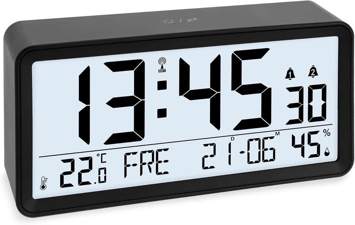 Grote digitale radiogestuurde wekker met zeer grote cijfers | tafelklok met 2 wektijden kalender weekdag | wandklok met temperatuur & vochtigheid | zwart