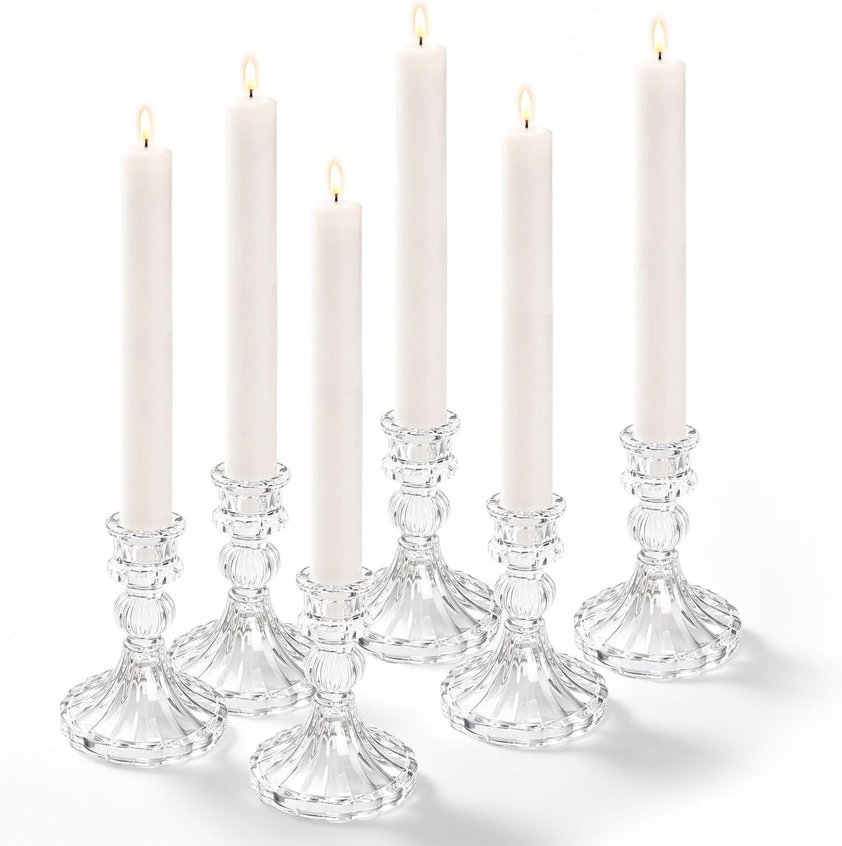 Glas, 6 stuks transparante kandelaars voor staafkaarsen (Ø 2,2 cm), 10 cm hoge staafkaarsenhouder voor bruiloft, feest, Kerstmis, tafeldecoratie, open haard en woonkamer