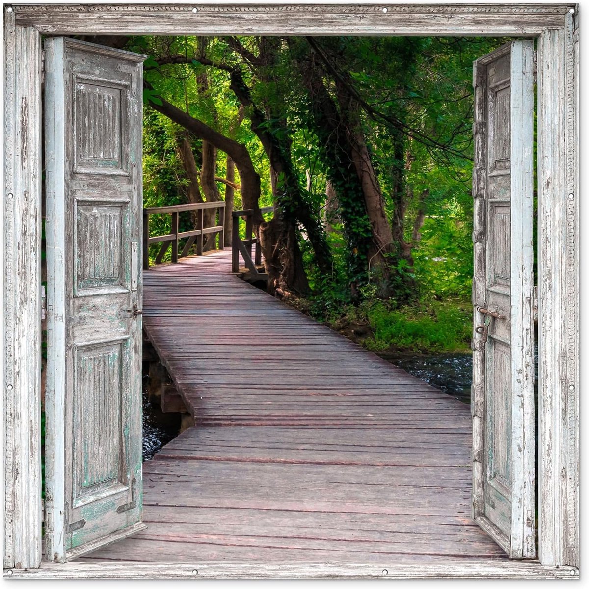Tuinposter - 200x200 cm - Brug - Bos - Doorkijk