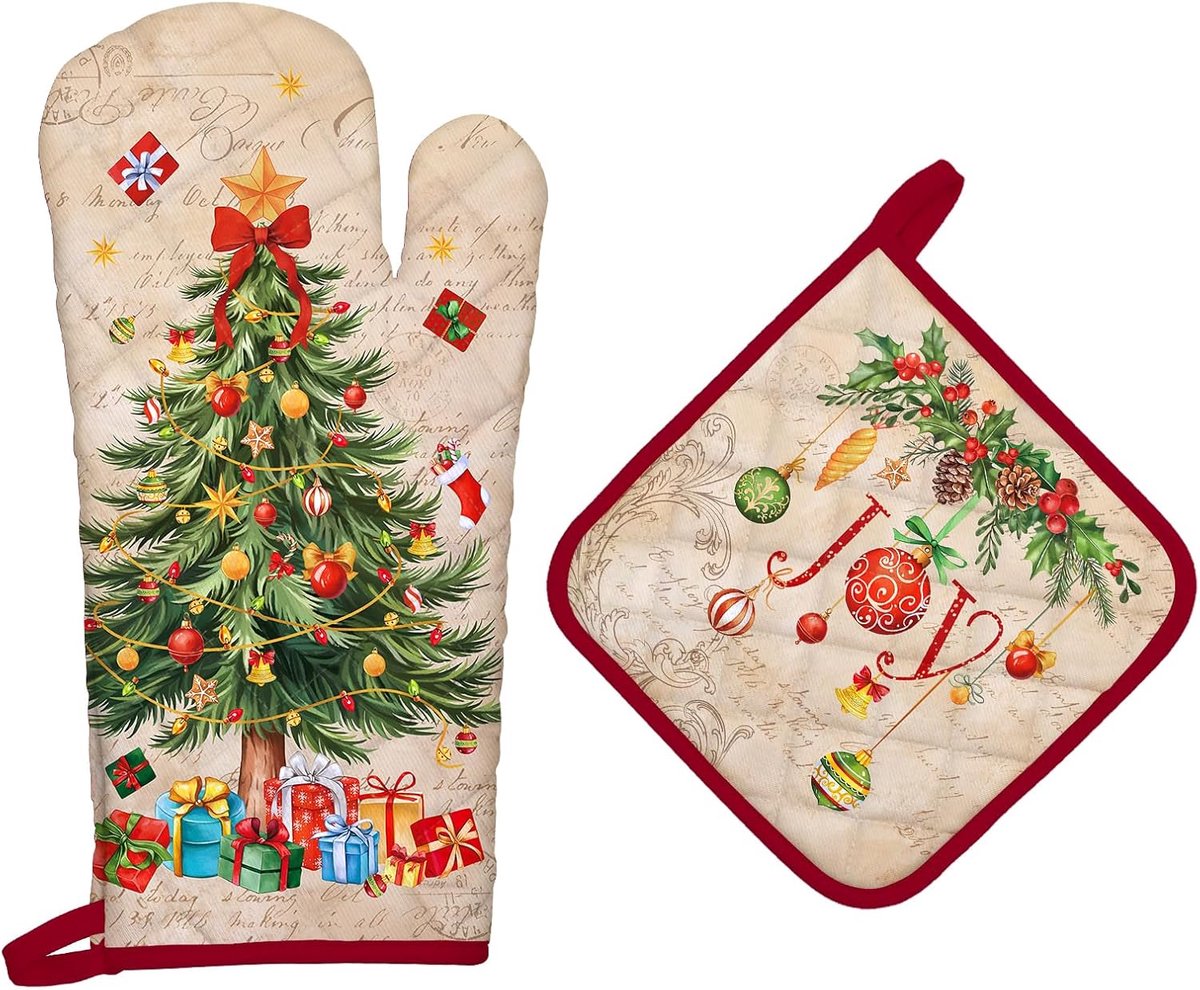 Ovenwanten en Pannenlappen -100% Katoen, Hittebestendige Extra Lange Ovenhandschoenen en Hete Pads voor Koken BBQ Grillen Bakken Cadeau, Set van 2