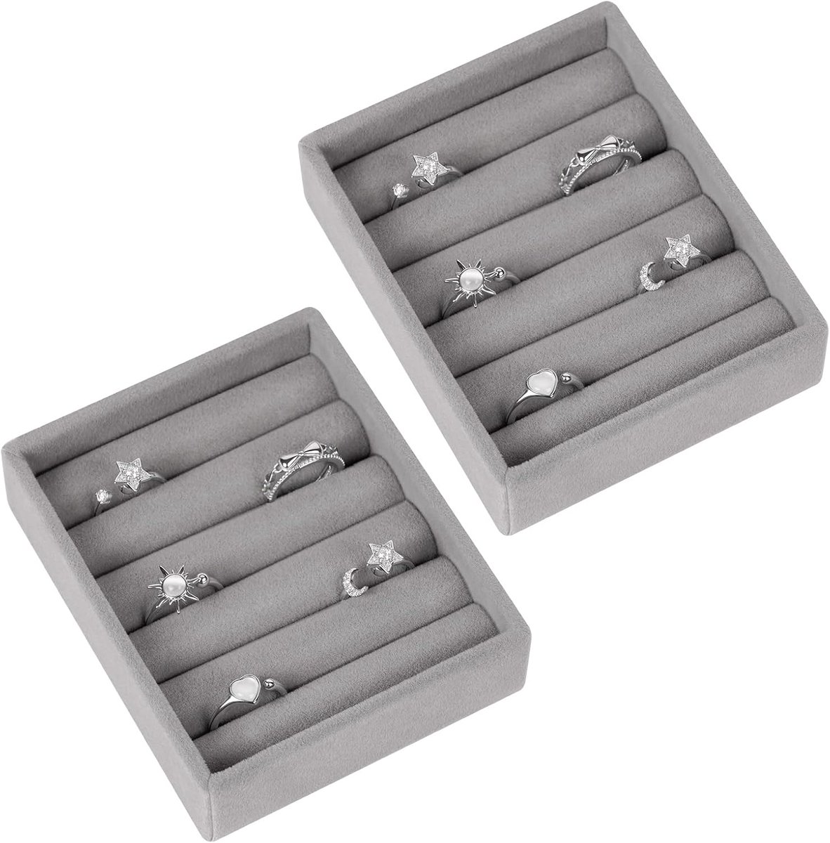 2 stuks fluwelen sieradendienblad, sieradenopslag, lade, organizer, 10,5 x 8,7 x 2,8 cm, doos voor ringen en oorbellen, grijs