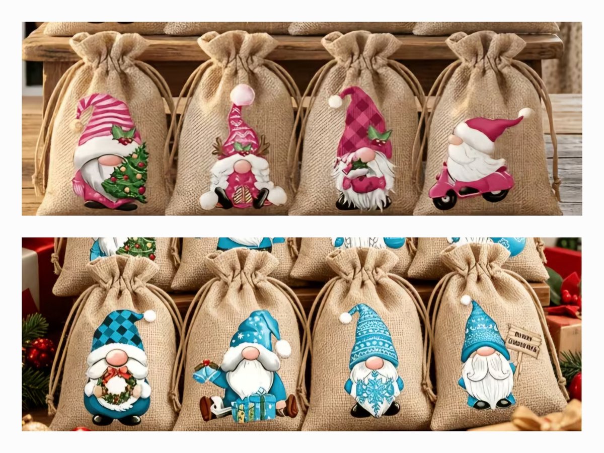 Cadeau zakjes Kerst - jute zakjes - kerstkabouter - blauw - roze - 8 stuks - random