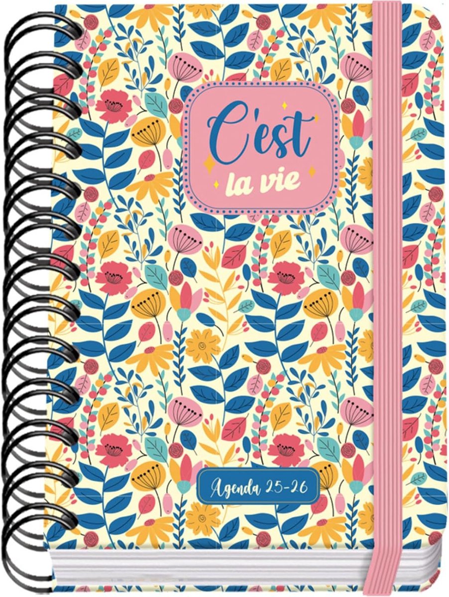 - Schoolagenda 2025 2026 - Dag per Pagina, Formaat A6 (12x17 cm), Spaans en Engels, Dubbele Spiraalbinding en Elastieksluiting, Harde Kaft, 4 Stickervellen - C'Est La Vie