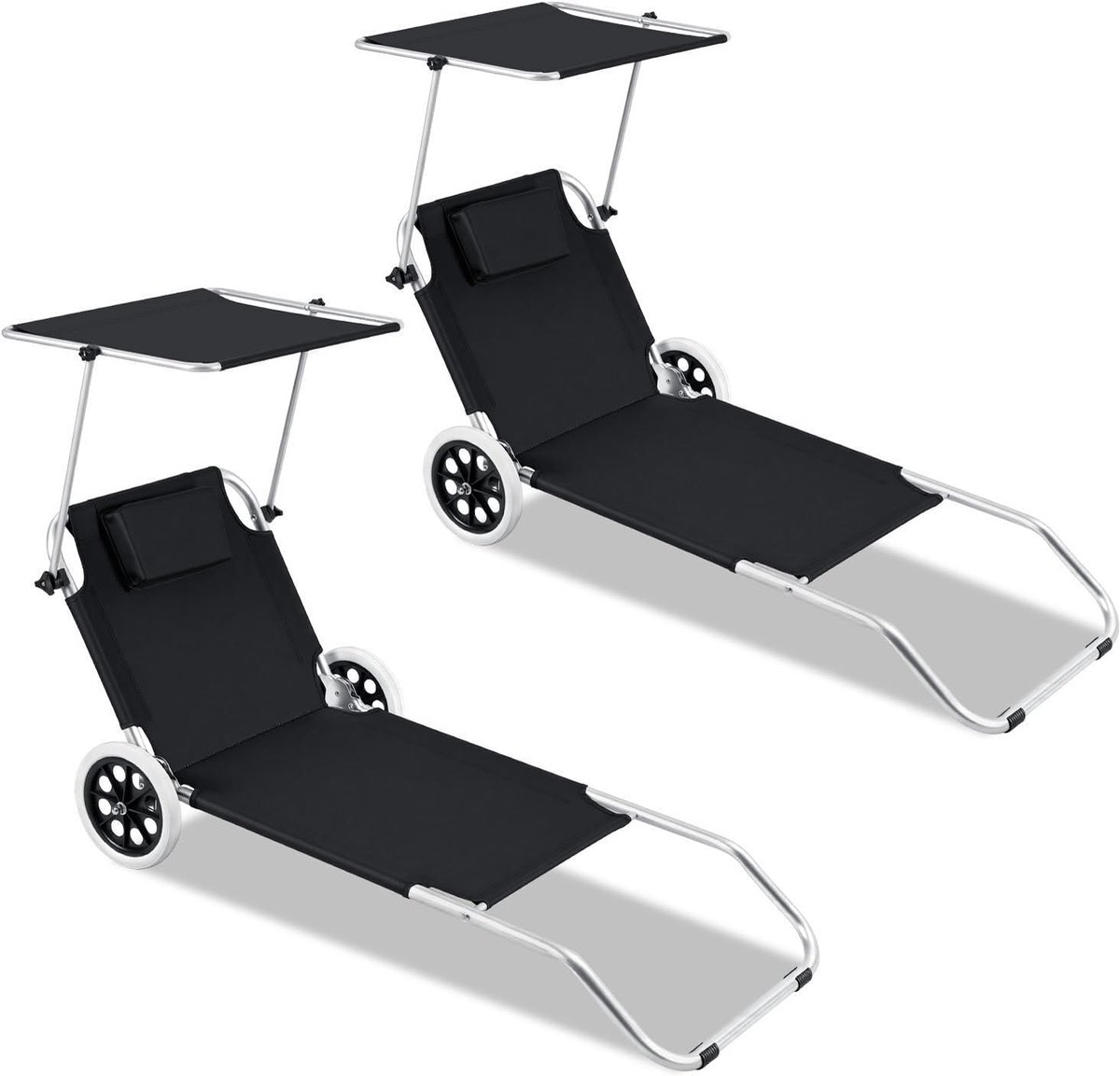 2 x tuinligstoel, strandstoel, inklapbaar met zonwering, 2 wielen, campingligstoel, opvouwbaar, kantelligstoel, wielen, strandstoel, verstelbare rugleuning, zwart