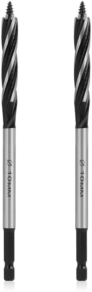 2 stuks professionele houtboor, 10 mm x 165 mm, avegaar van staal met hoog koolstofgehalte, zelfvoedende houtboor met zeskantschacht 1/4 inch, nauwkeurig en snel boren (10 mm - 2 stuks)