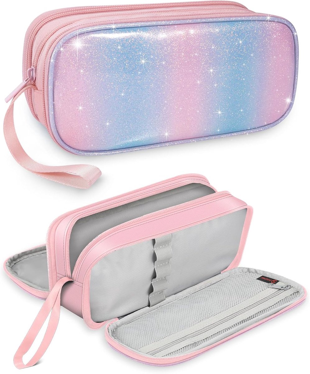Pennenetui, grote capaciteit, etui met 3 vakken, roze/blauw