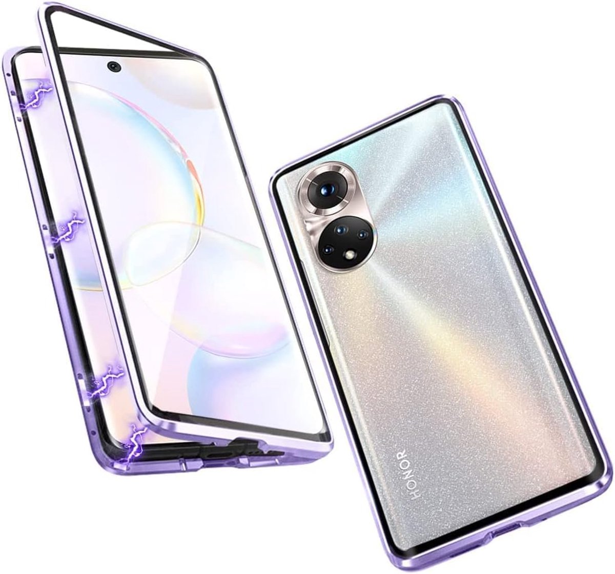 ForHuawei Nova 9 / Honor 50 5G Flip Cover Magnetic Adsorption Metal Bumper Frame with Transparent Tempered Glass Full Body Screen Front and Back 360 Degrees Protection Case Cover,Purple