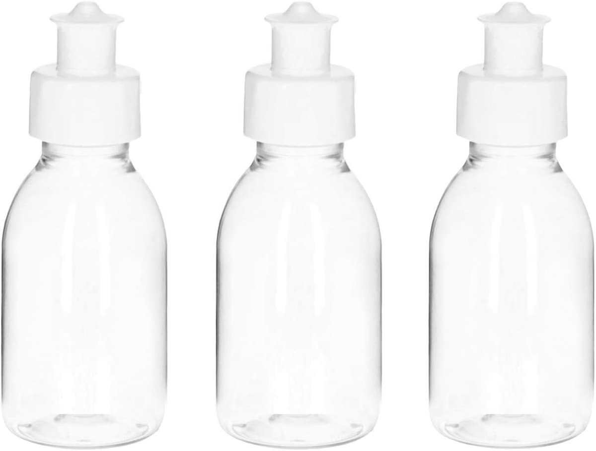 Set van 3 lege plastic flessen om te vullen, 100 ml, doorzichtige plastic flessen met push-pull-deksel, reiscontainer, navulflessen, kleine lege flesjes, 100 ml