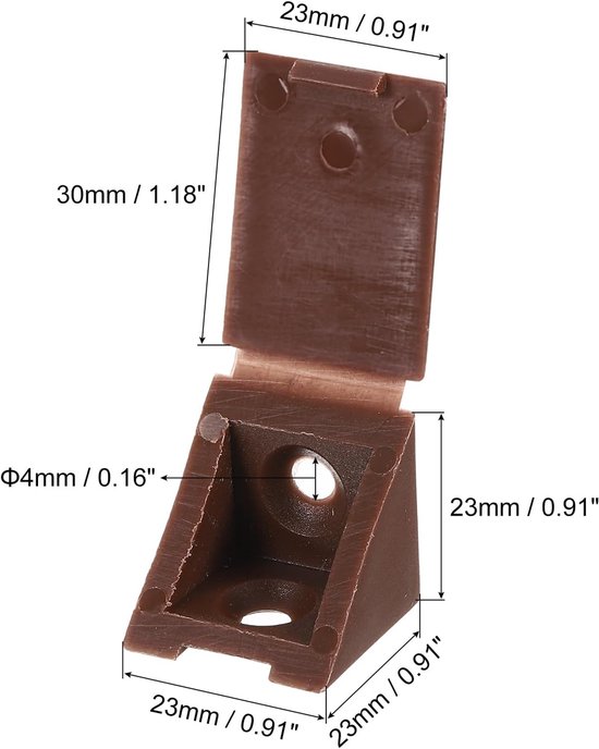 50 stuks hoekhoeken van kunststof, 90 graden, met afdekdop, 23 x 23 x 23 mm, hoekhoek van nylon, voor planken met schroeven, voor kasten (bruin) — afbeelding 4