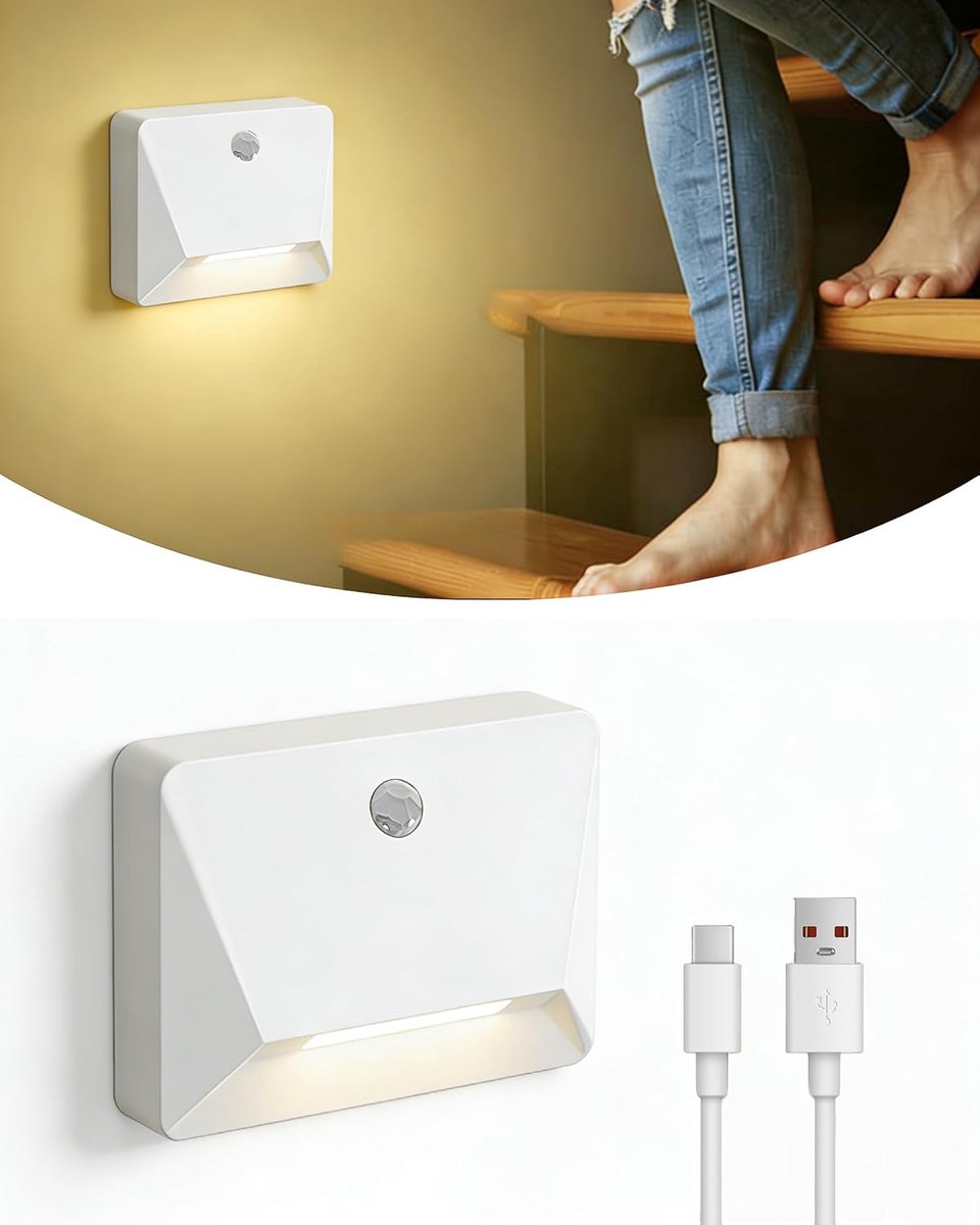 Accu Traplicht met Bewegingsmelder, link-modus, 3000K | Led-Nachtlampje Draadloze, Oplaadbaar Via USB-C, 2200 mAh, Tot 60 Dagen, Voor Trappen, Gangen, Slaapkamer