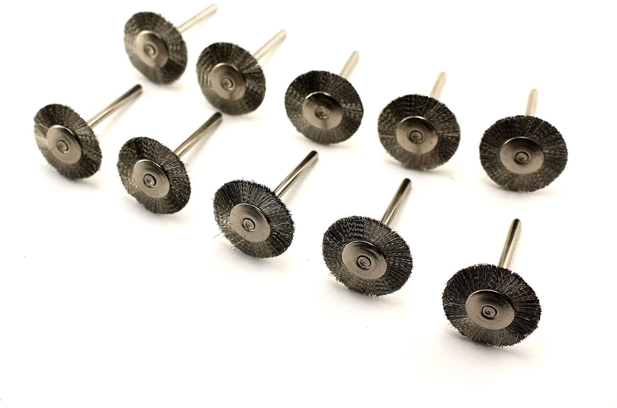 10 stuks platte draadborstel met roestvrij staal haren, 19,05 mm (3/4"), steel 3,17 mm (1/8"). Geschikt voor Dremel en andere rotatiegereedschappen