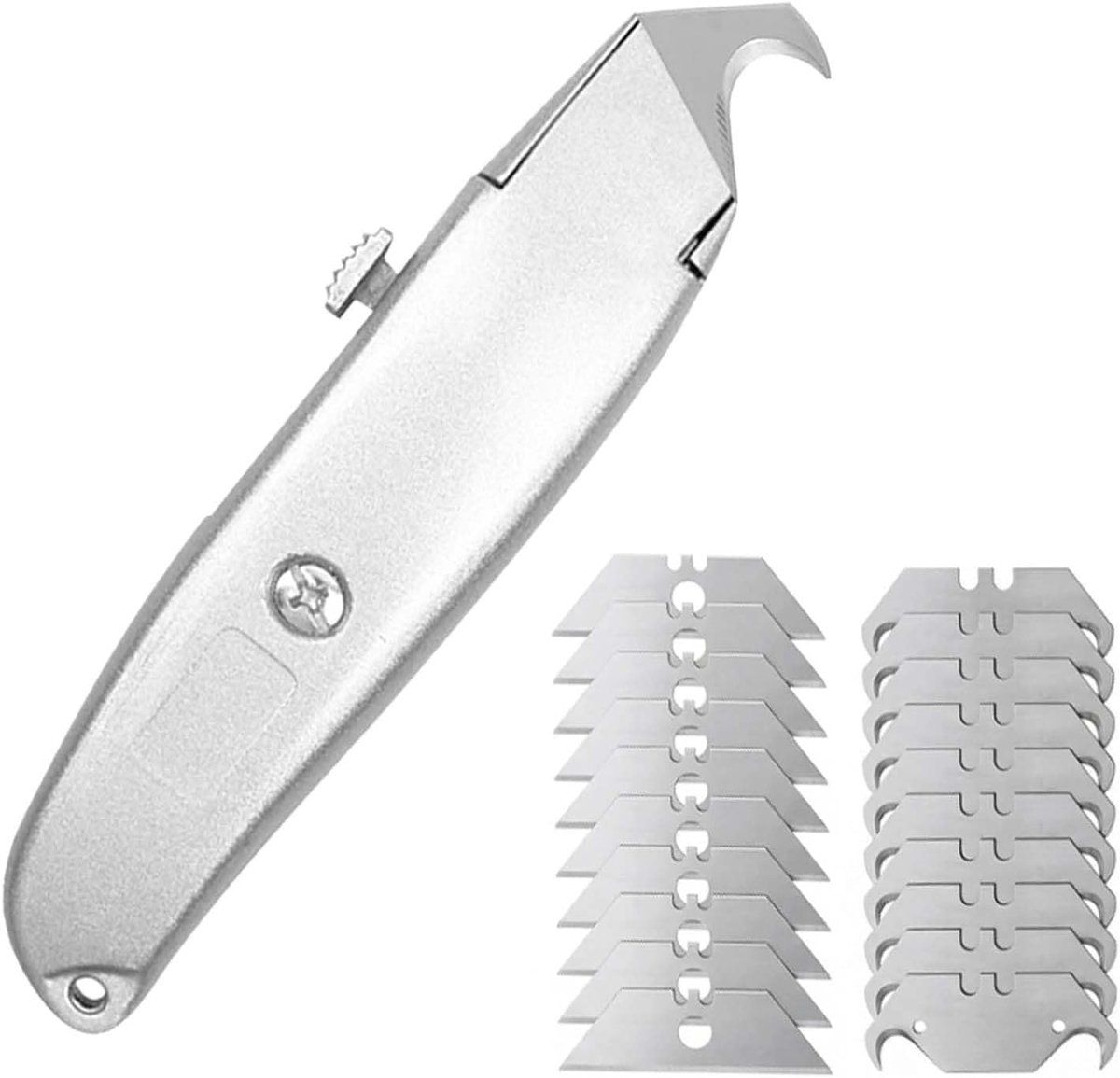 Tapijtmes met haakjes, set van 10 trapeziumvormige mesjes en 10 haakmesjes | professioneel snijmes met aluminium behuizing, zelfvergrendelend mechanisme, voor tapijt, PVC, dakbedekkingsmembranen