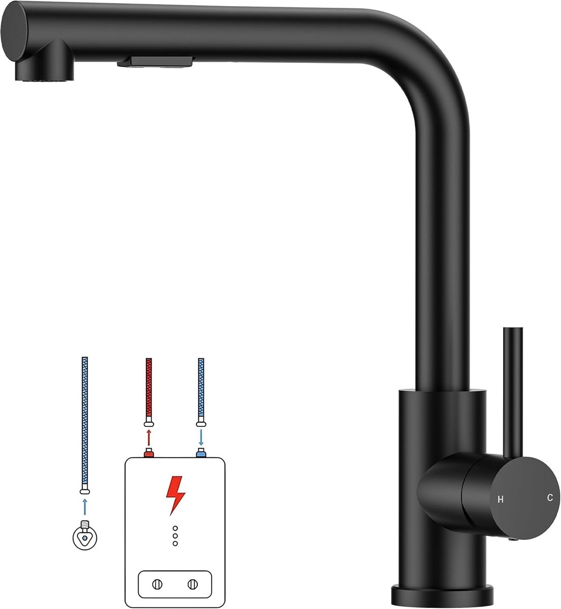 Laagdruk Keukenmengkraan, Ééngreepsmengkraan Voor Warm En Koud Water, 360° Draaibaar, Geschikt Voor Boilers En Onderbouwapparaten, Mat Zwart
