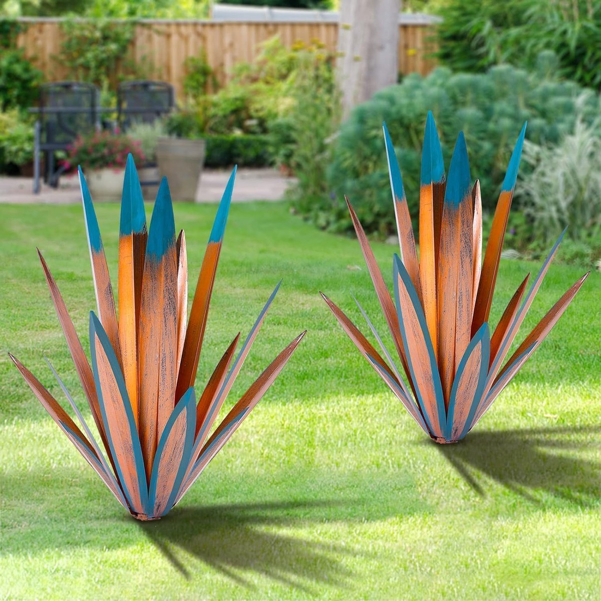 Rustieke sculptuur, 2 stuks doe-het-zelf rustieke handgeschilderde metalen agave, metalen agave plant huisdecoratie, tuin tuin sculptuur gazon huiskunst decoratie standbeeld, tuinornamenten