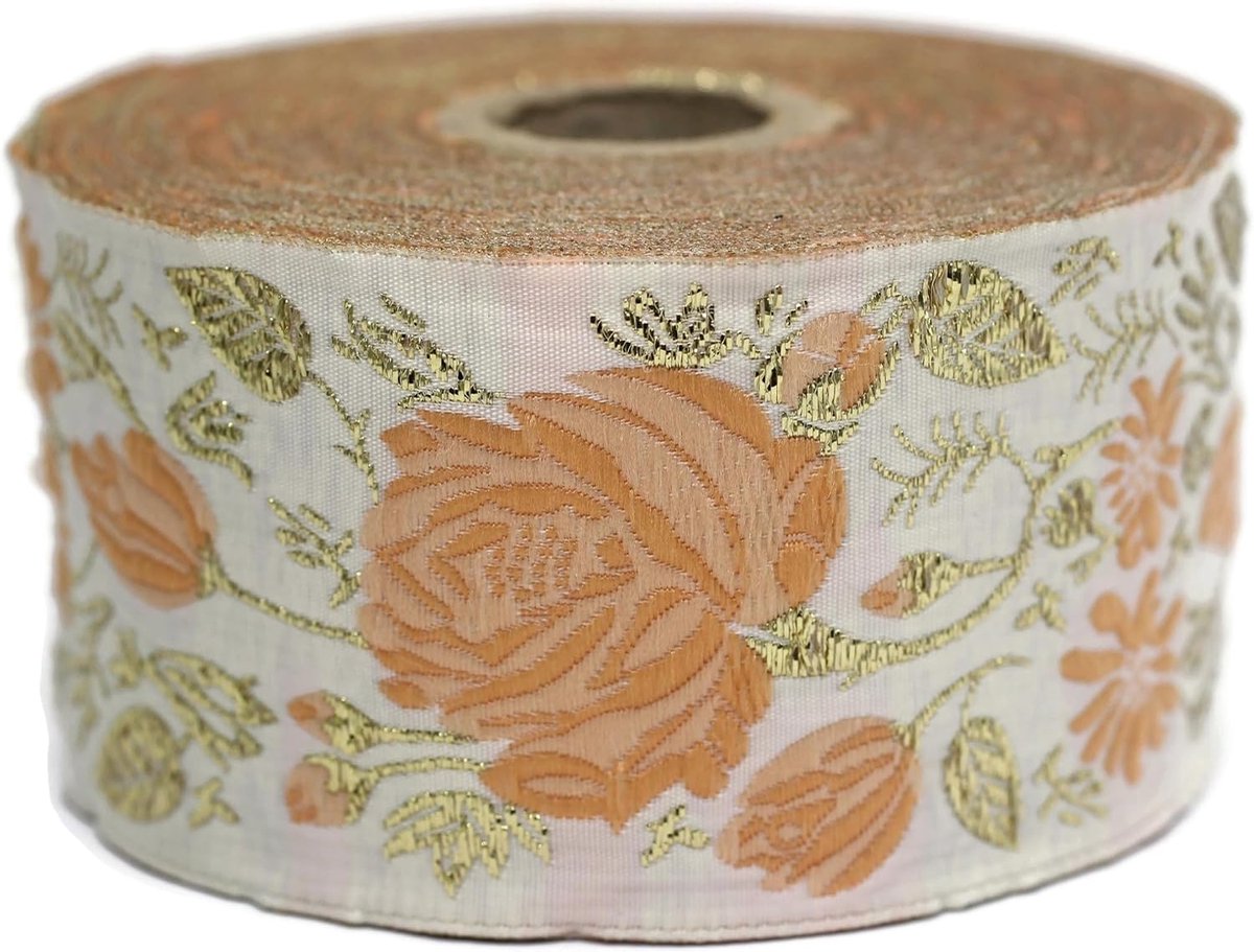 Jacquard lint geweven licht en goud metallic roze glans 10 m x 50 mm - rollen borduurlint voor naaiwerk decoratie 50089-V7