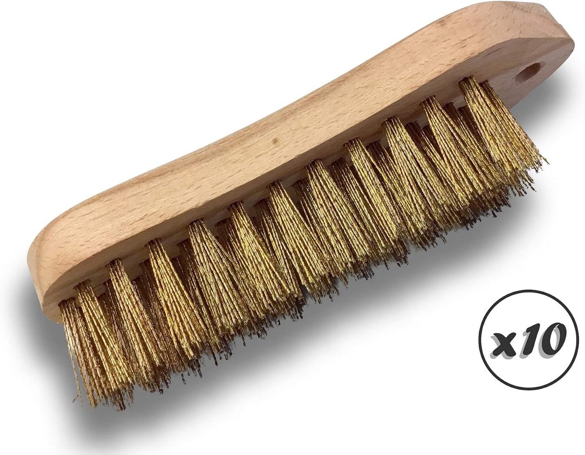 Handborstel van metaal, professioneel, type viool, 10 stuks, 5 rijen, zachte draden, rond staal, messing, houten frame, draaduitgang 35 mm, 21 x 6 cm, Kibros 7025 x 10