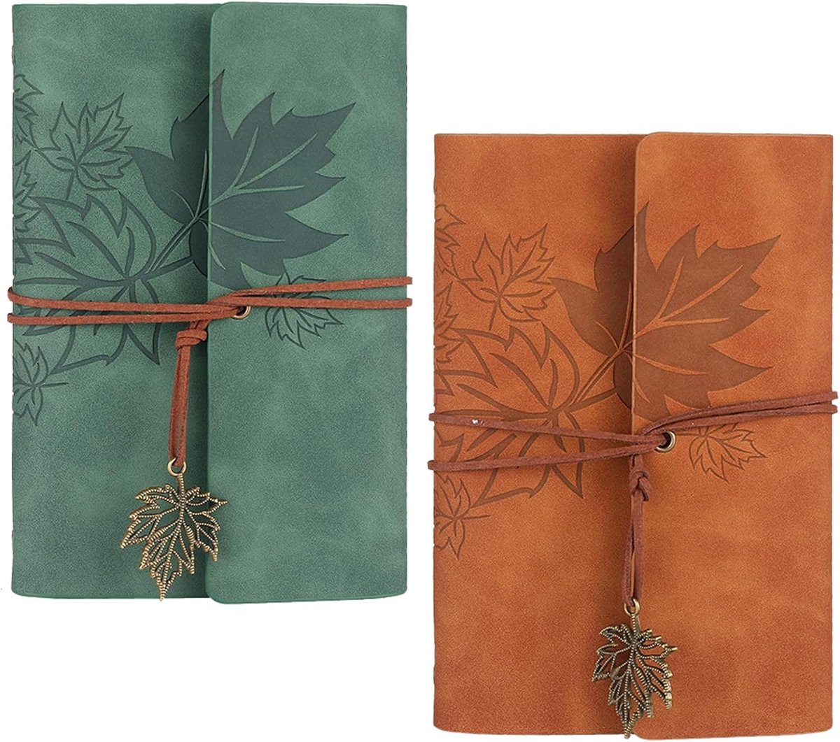 2-pack leren notitieboek A7, retro notitieboek van leer, vintage spiraalbinding, dagboek, navulbaar dagboek, reisdagboek, schetsboek voor mannen en dames, groen en bruin ahornbladeren