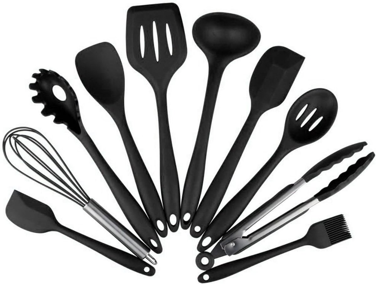 10 stuks keukengerei, siliconen, BPA-vrij, set bevat 2 x schraper, kooklepel, soeplepel, spatel, spaghettilepel, serveerlepel, garde, grilltang, siliconen borstel (10 stuks, zwart)