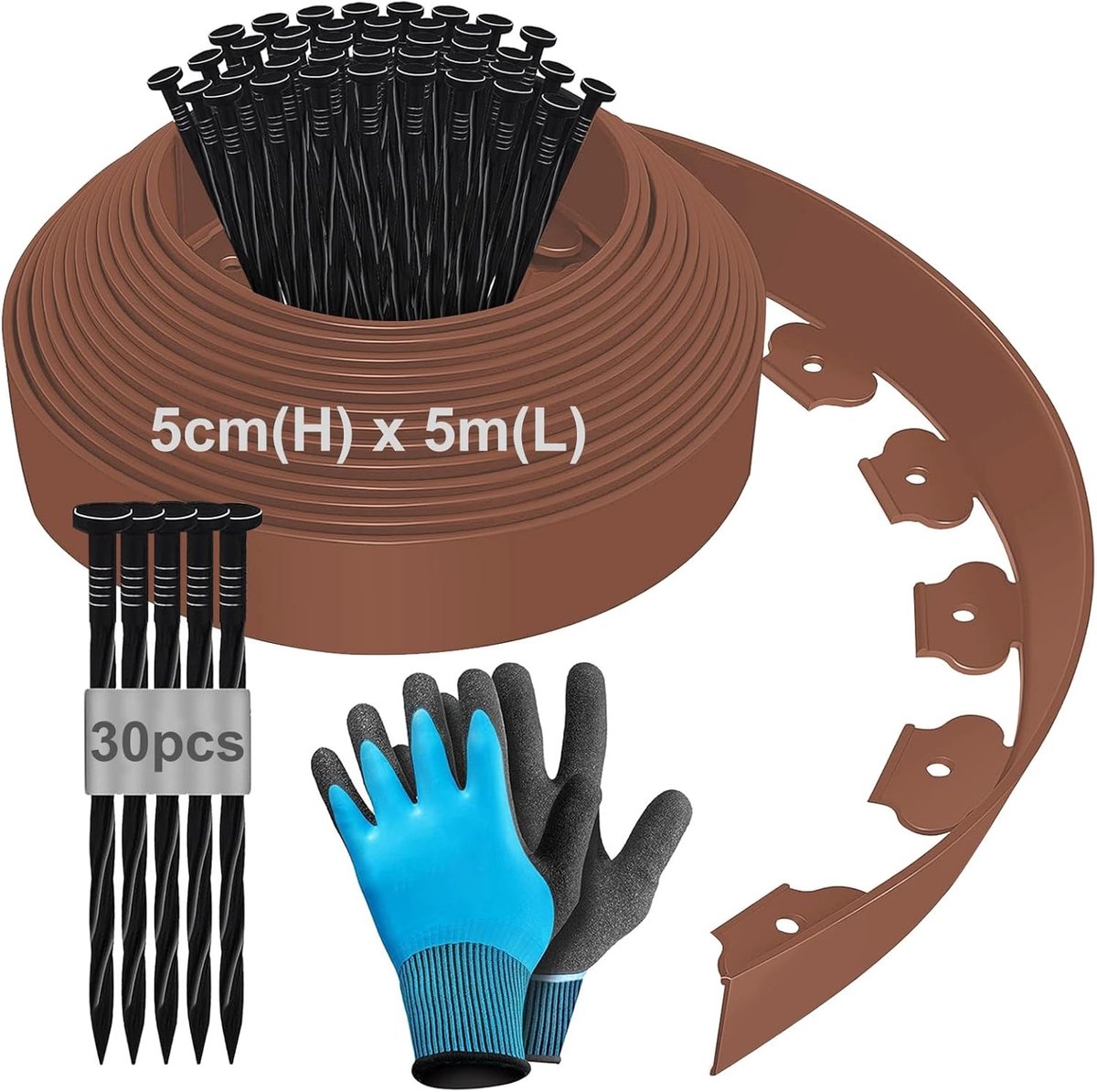 5 m flexibele gazonrand van kunststof, 5 cm hoog perkomranding, bloembegrenzing, maaikant, bestratingstenen, palissade met 30 grondankers en 1 paar handschoenen, bruin, 5 m