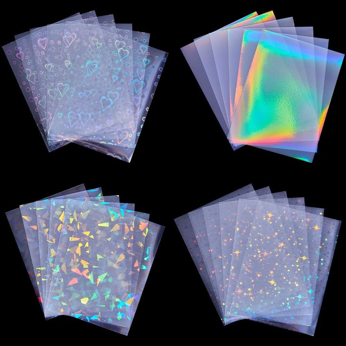 100 stuks 4 stijlen Fotokaarthoesjes Laser Flitsende Hoes Hart Ster Glas Edelsteen Regenboog Transparant Plastic Holografische Ruilkaarten Beschermer voor Naam Foto's Sport Magic Game