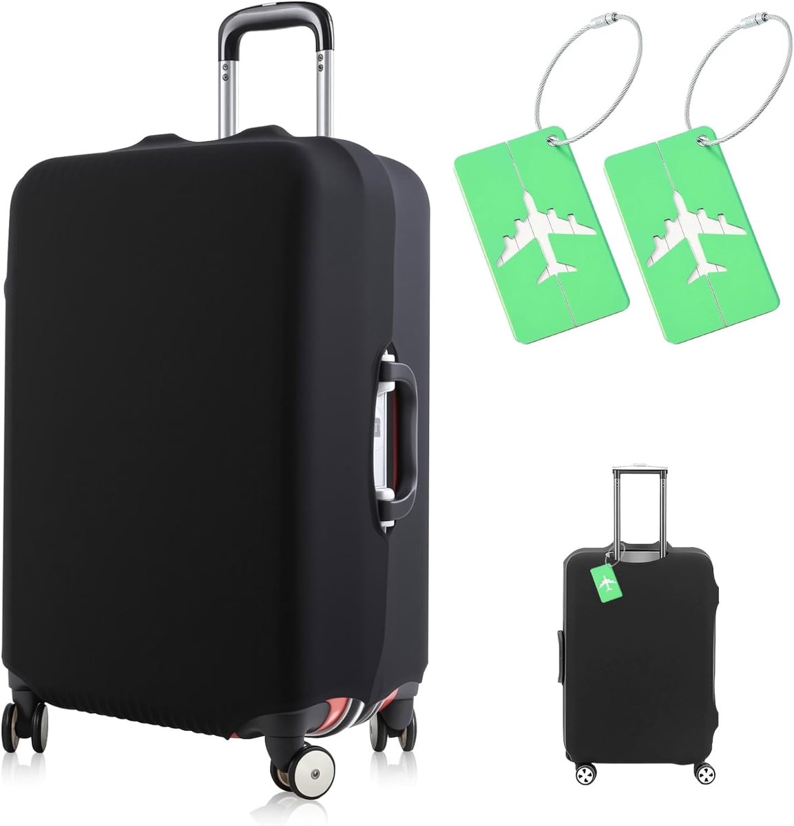 Kofferhoes, zwart, L (86 - 91 cm), elastische kofferbeschermhoes, met 2 groene aluminium bagagelabels, stofbeschermhoes voor bagage, reiskoffer, beschermhoes voor zakenreizen, langdurig gebruik